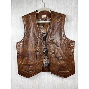 Vintage Handmade Brown Leather Western Concho Vest Mens Large 60s 70s VTG!!